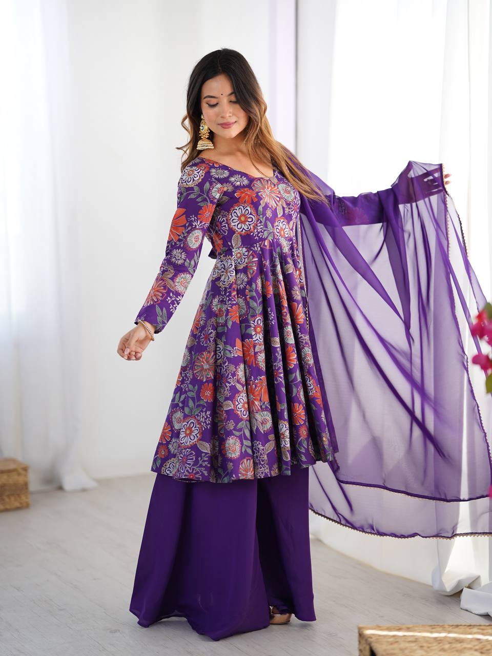 Purple Chanderi Discharge Print Fabric Fancy Lace Work Palazzo Suit Set