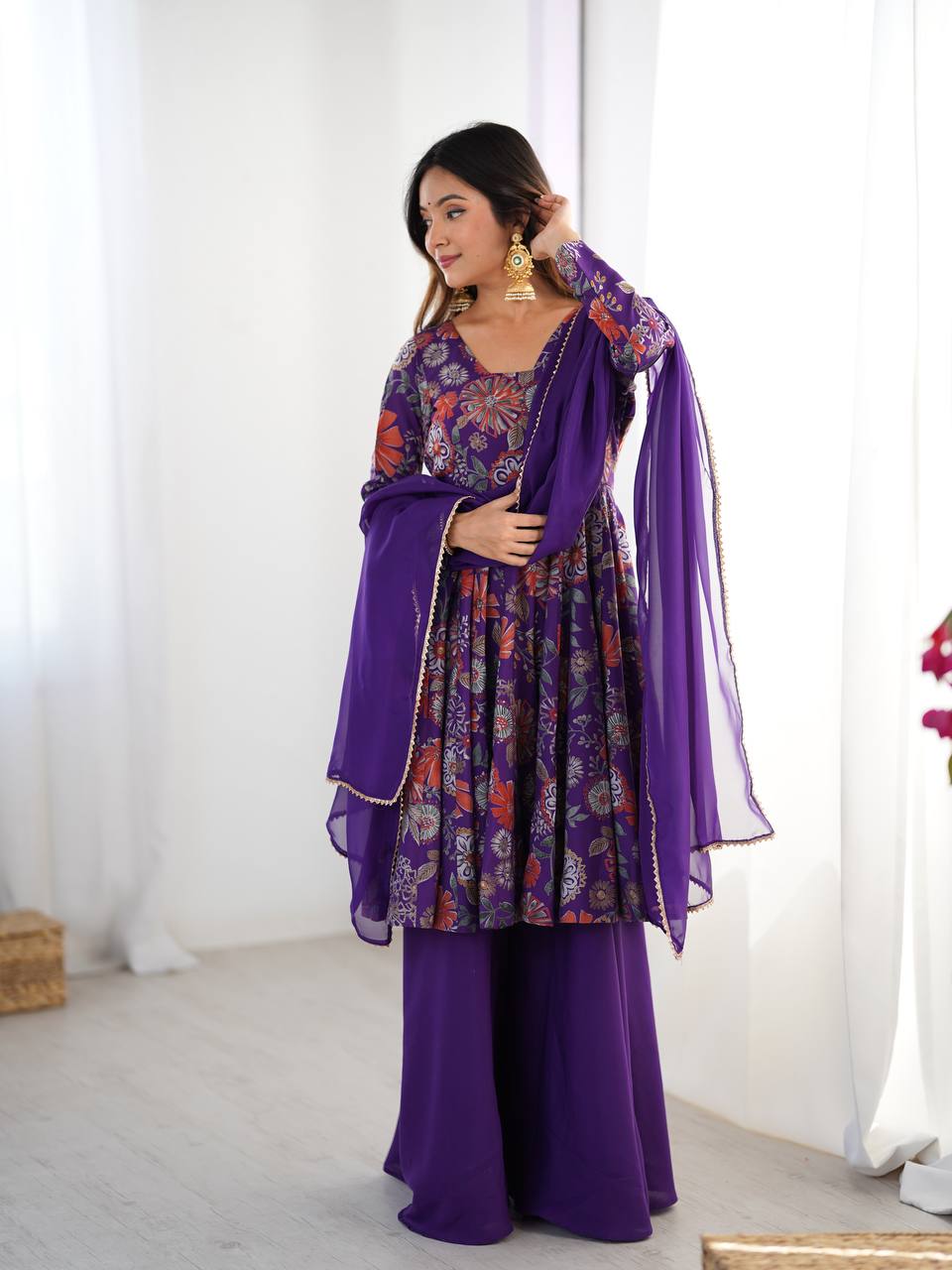Purple Chanderi Discharge Print Fabric Fancy Lace Work Palazzo Suit Set