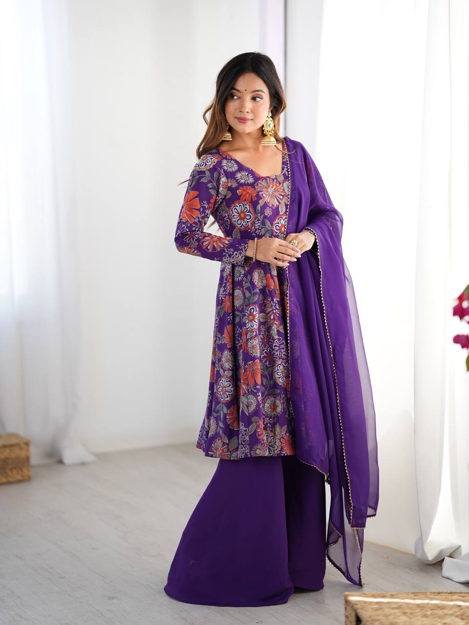 Purple Chanderi Discharge Print Fabric Fancy Lace Work Palazzo Suit Set