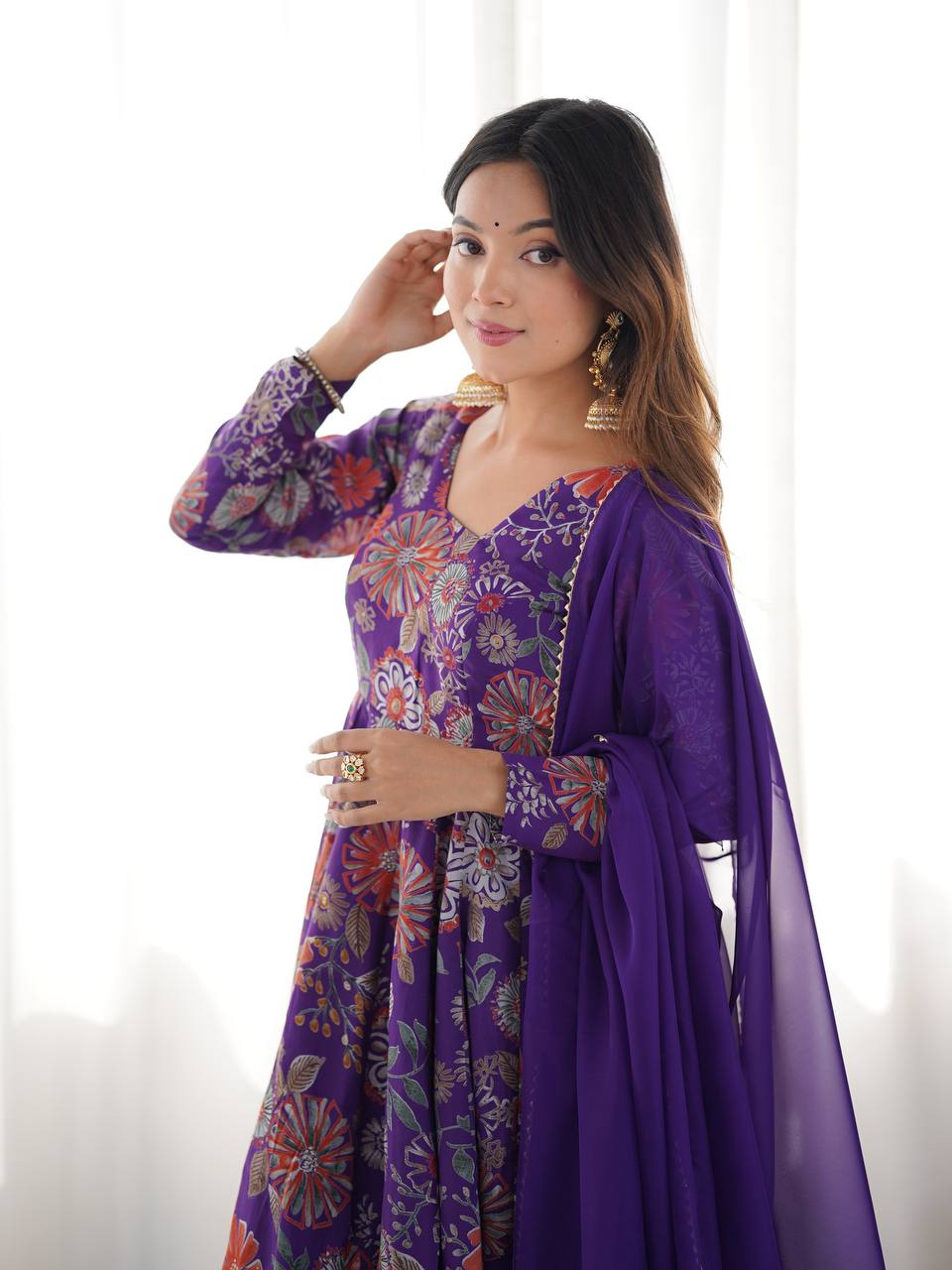 Purple Chanderi Discharge Print Fabric Fancy Lace Work Palazzo Suit Set