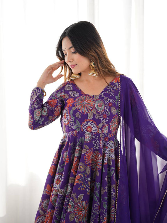 Purple Chanderi Discharge Print Fabric Fancy Lace Work Palazzo Suit Set