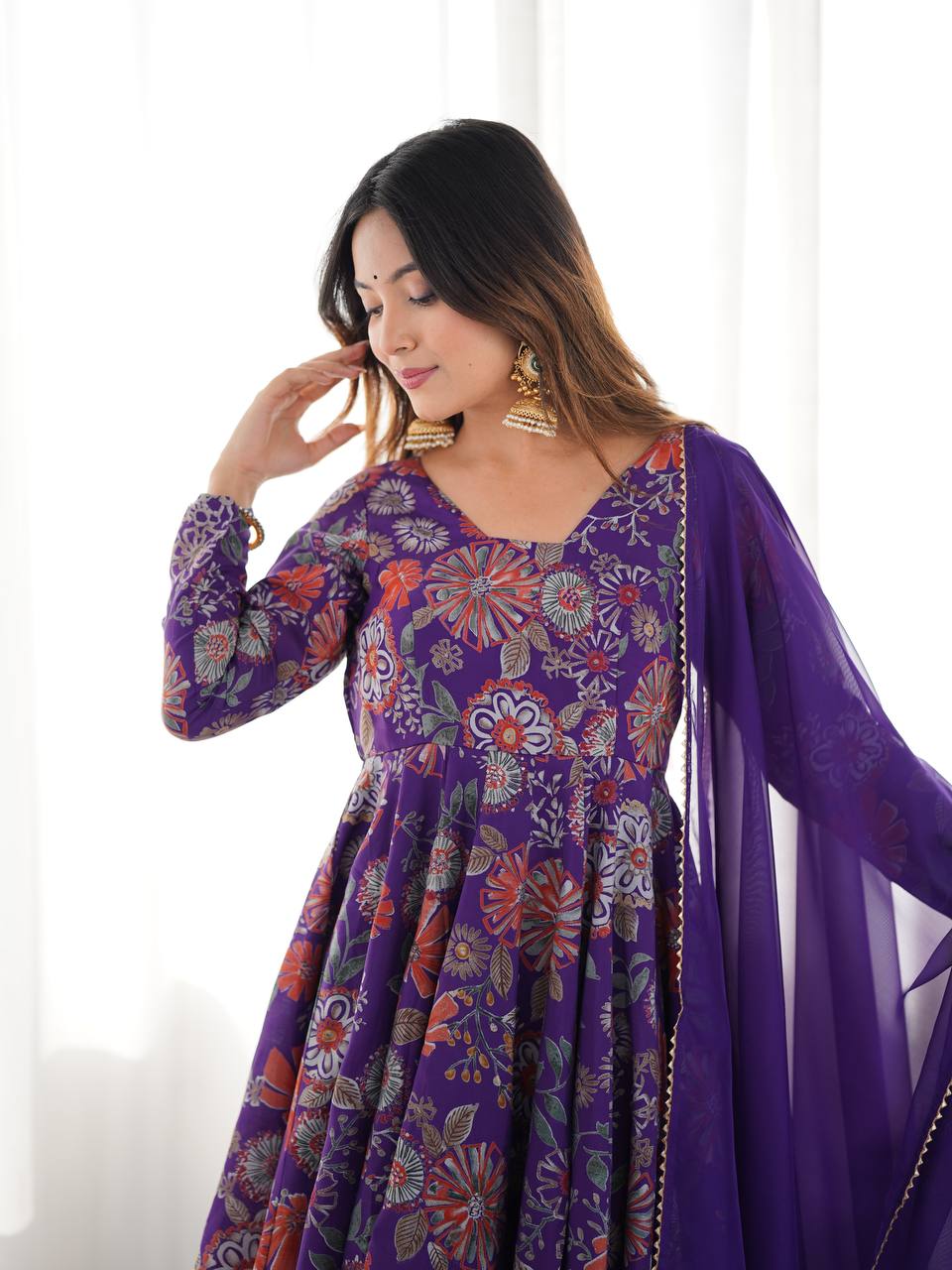 Purple Chanderi Discharge Print Fabric Fancy Lace Work Palazzo Suit Set