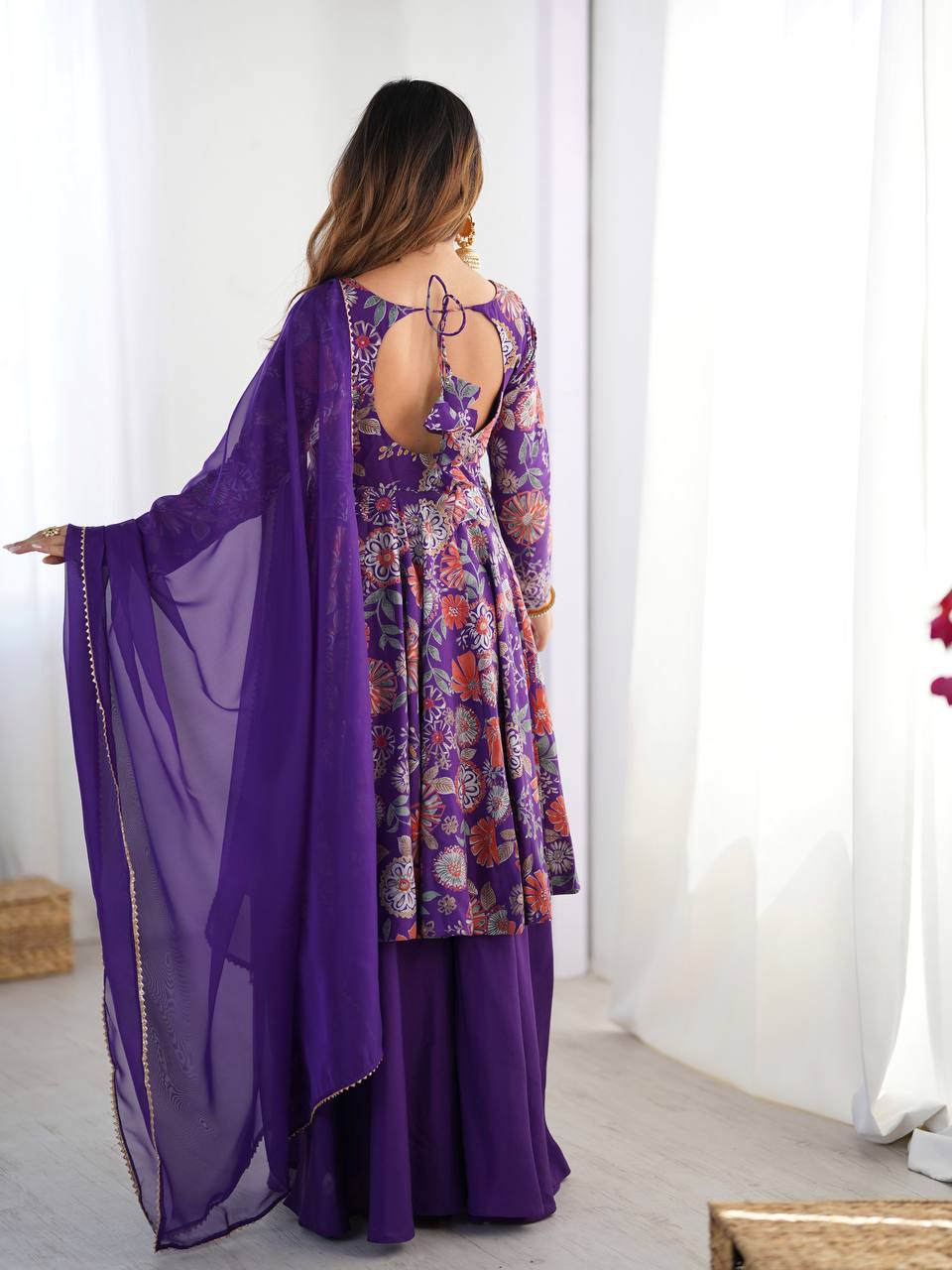 Purple Chanderi Discharge Print Fabric Fancy Lace Work Palazzo Suit Set