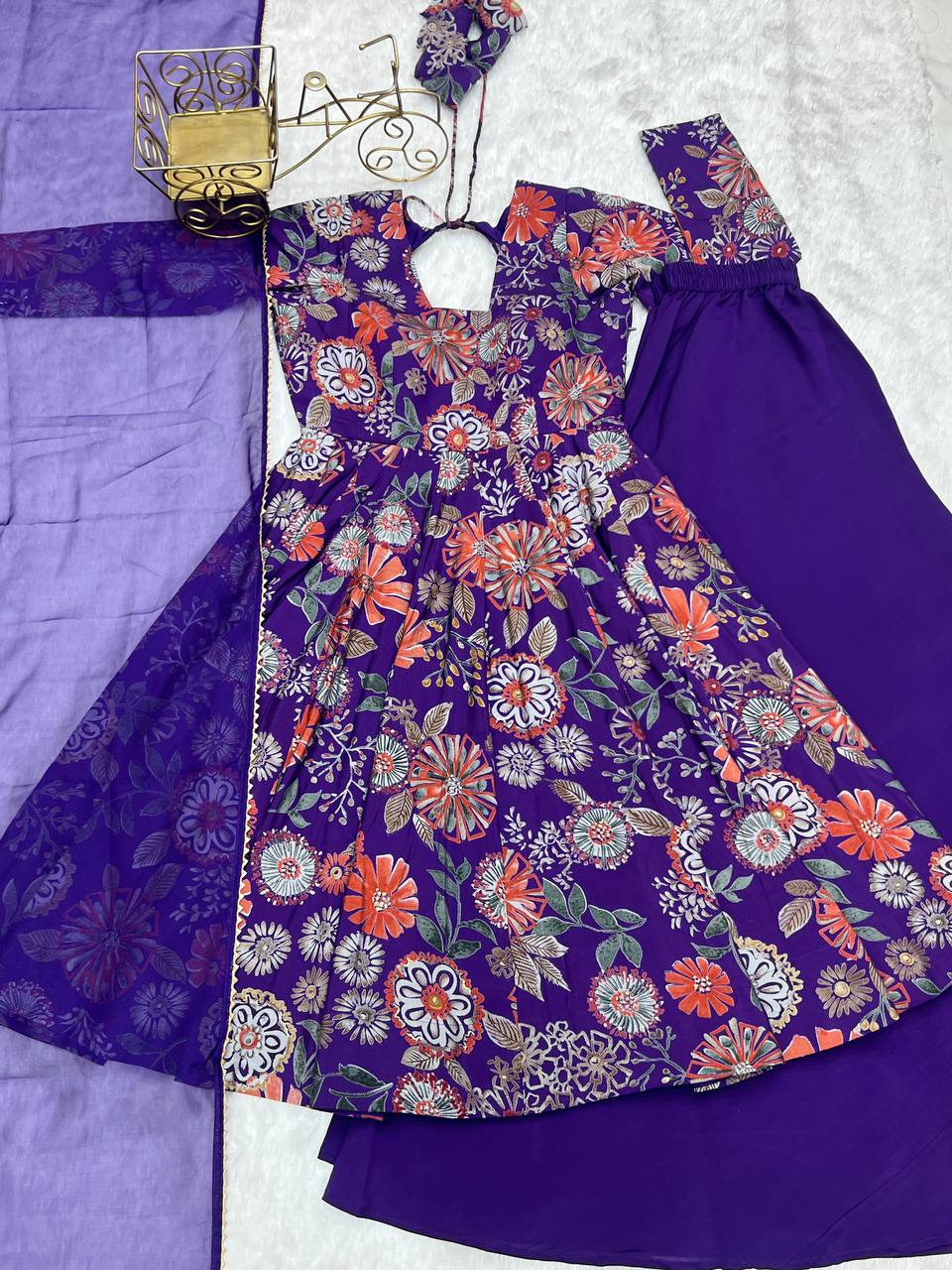 Purple Chanderi Discharge Print Fabric Fancy Lace Work Palazzo Suit Set