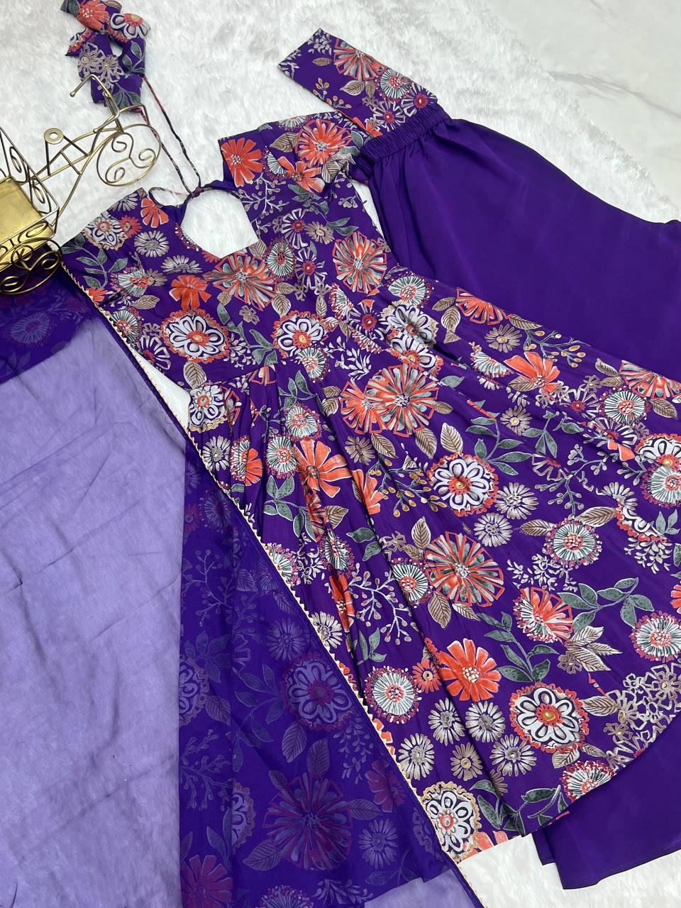 Purple Chanderi Discharge Print Fabric Fancy Lace Work Palazzo Suit Set