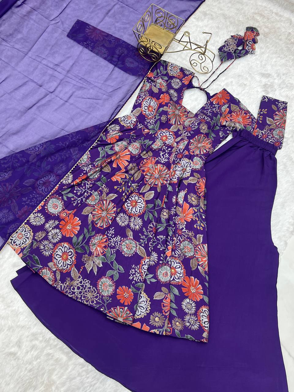 Purple Chanderi Discharge Print Fabric Fancy Lace Work Palazzo Suit Set