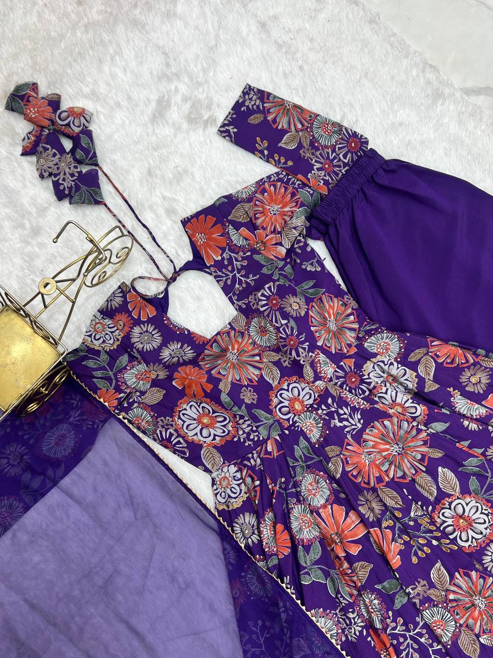 Purple Chanderi Discharge Print Fabric Fancy Lace Work Palazzo Suit Set