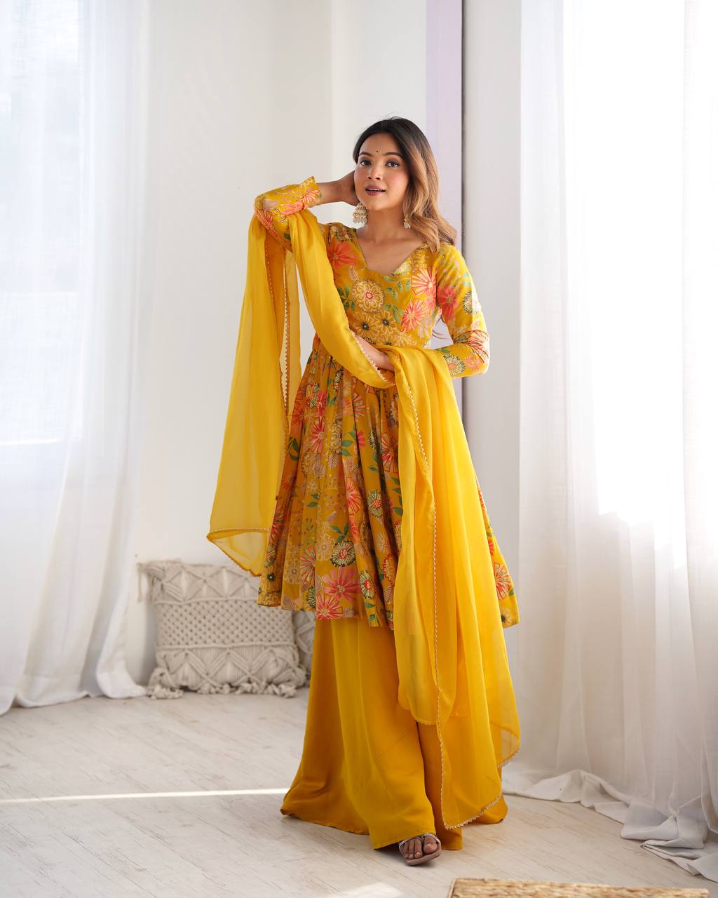 Yellow Chanderi Discharge Print Fabric Fancy Lace Work Palazzo Suit Set