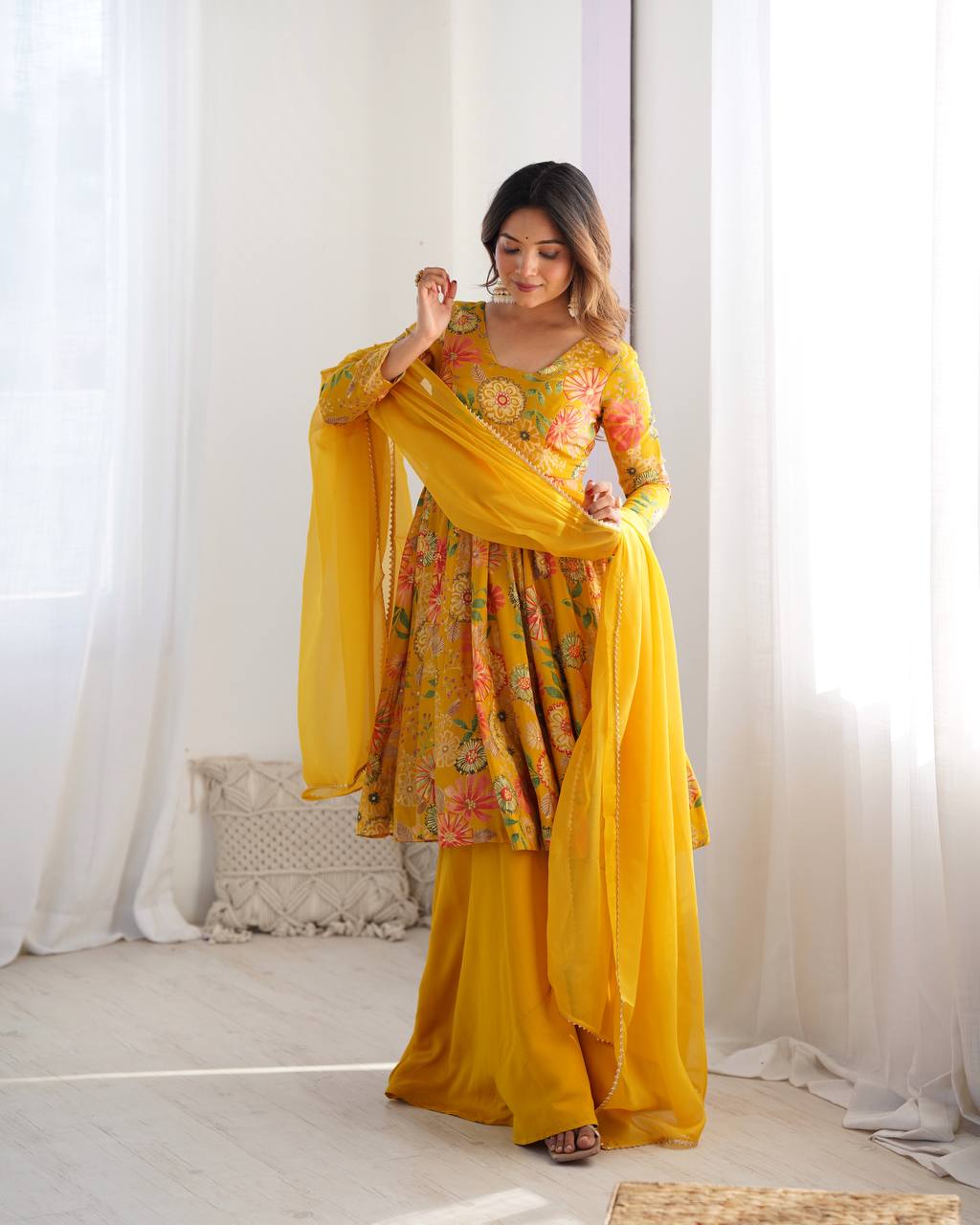 Yellow Chanderi Discharge Print Fabric Fancy Lace Work Palazzo Suit Set