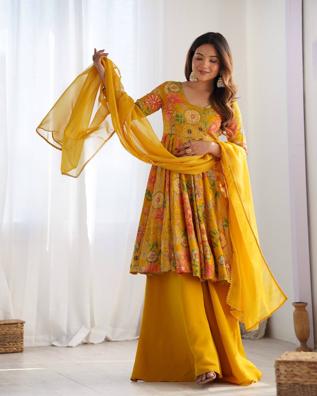 Yellow Chanderi Discharge Print Fabric Fancy Lace Work Palazzo Suit Set