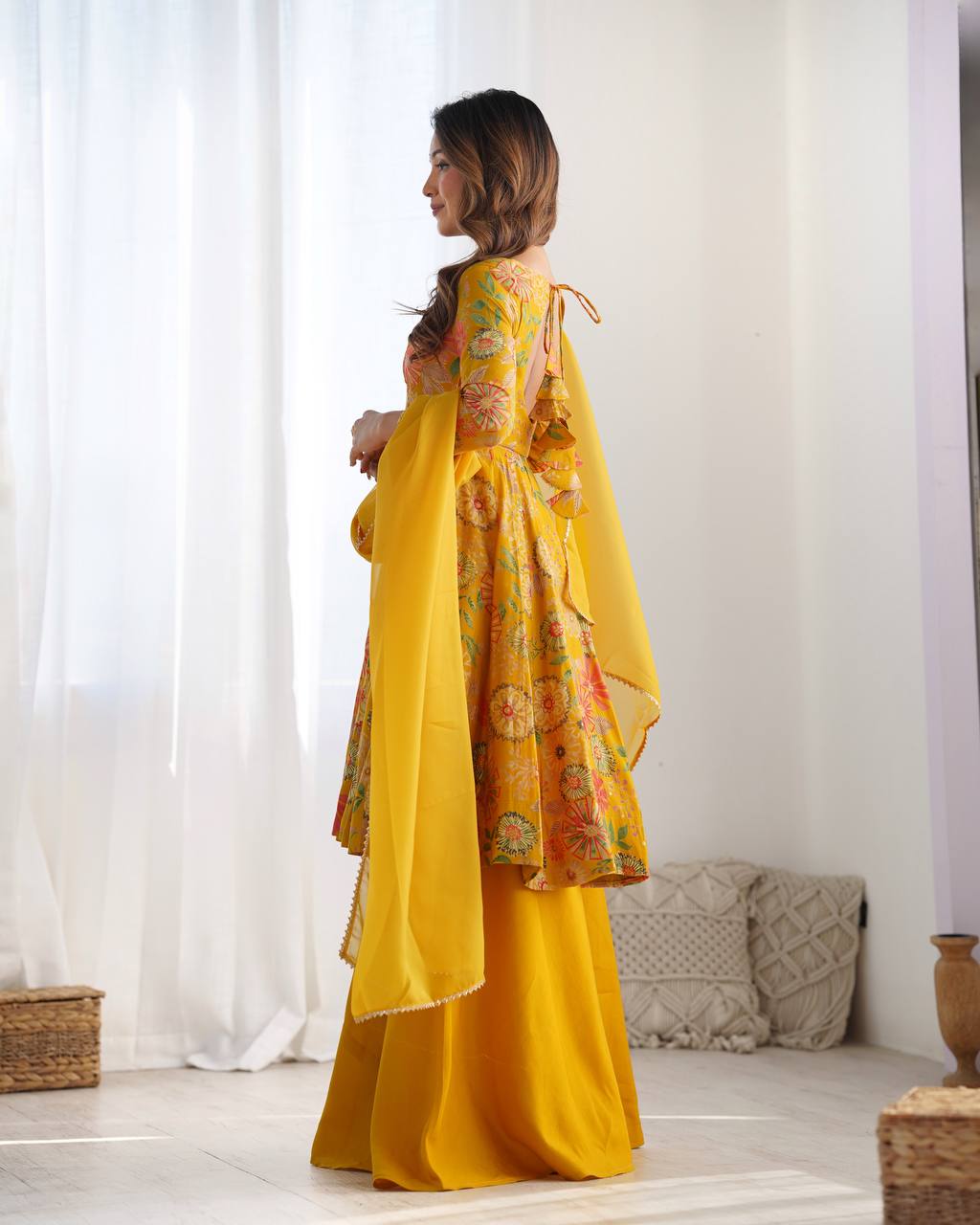 Yellow Chanderi Discharge Print Fabric Fancy Lace Work Palazzo Suit Set