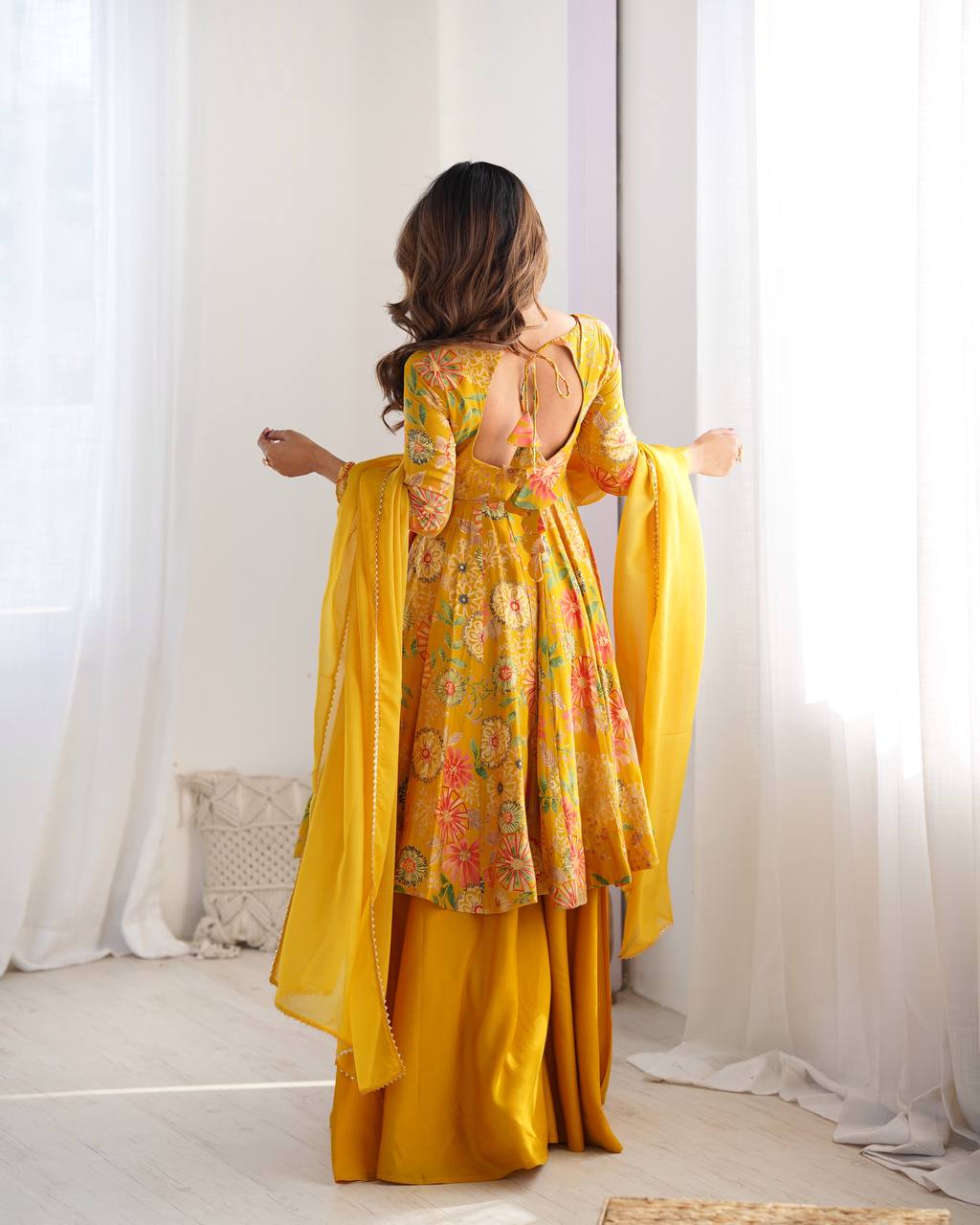 Yellow Chanderi Discharge Print Fabric Fancy Lace Work Palazzo Suit Set