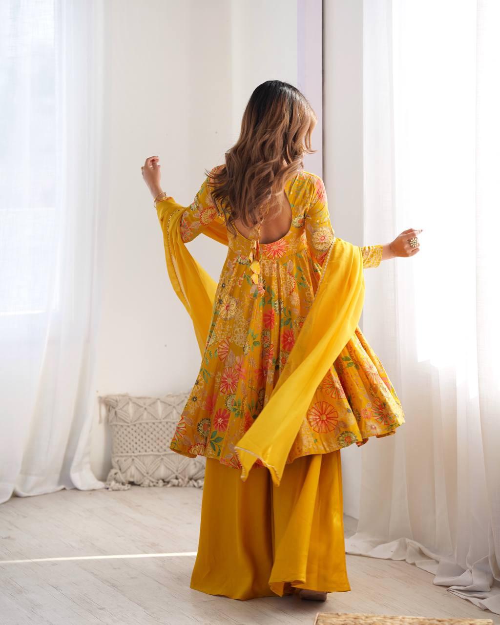 Yellow Chanderi Discharge Print Fabric Fancy Lace Work Palazzo Suit Set