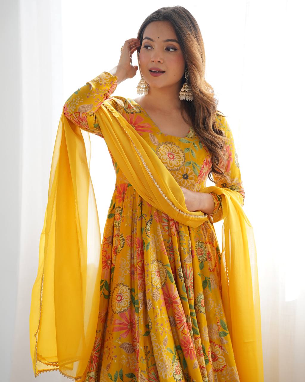 Yellow Chanderi Discharge Print Fabric Fancy Lace Work Palazzo Suit Set
