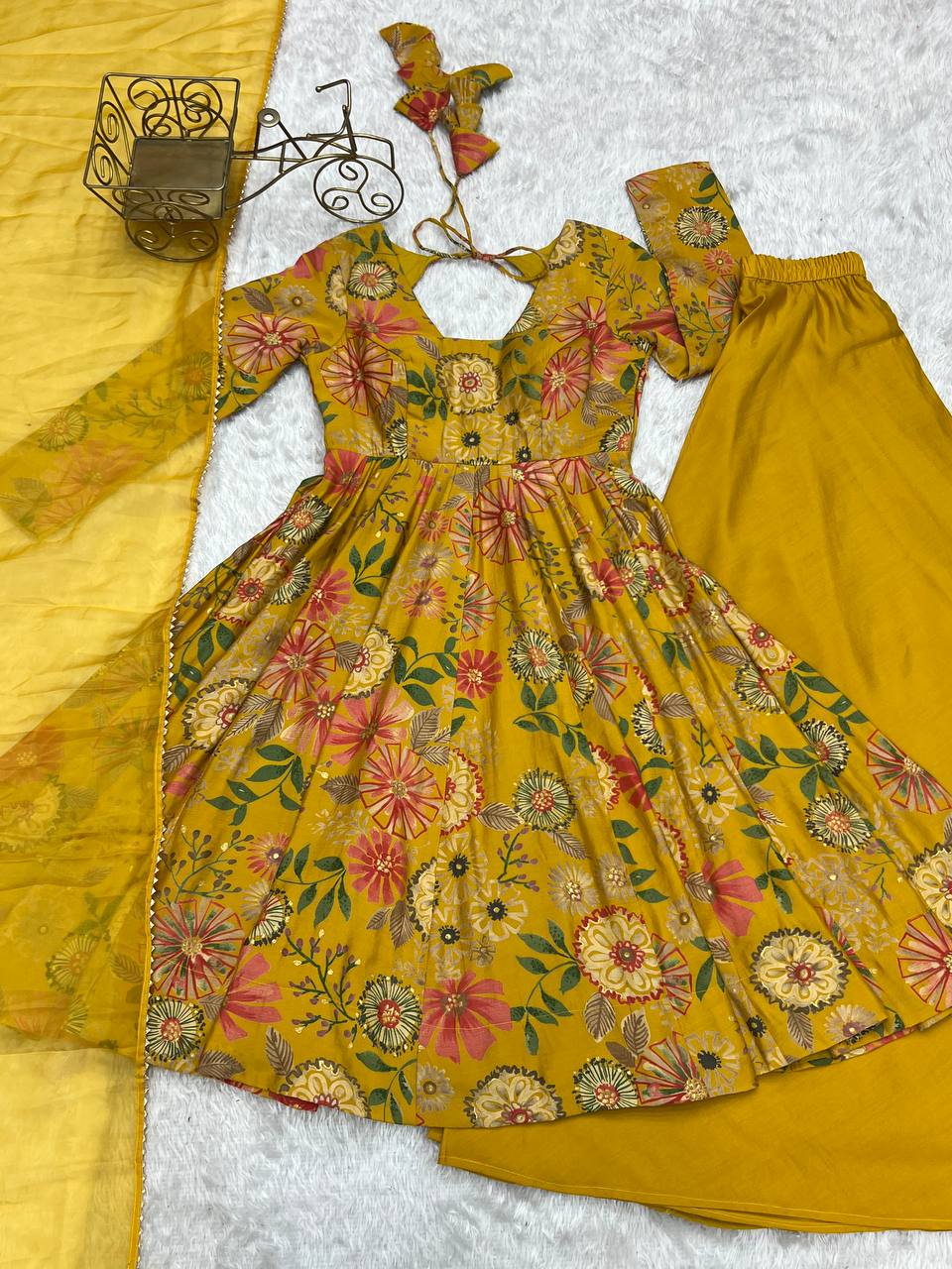 Yellow Chanderi Discharge Print Fabric Fancy Lace Work Palazzo Suit Set