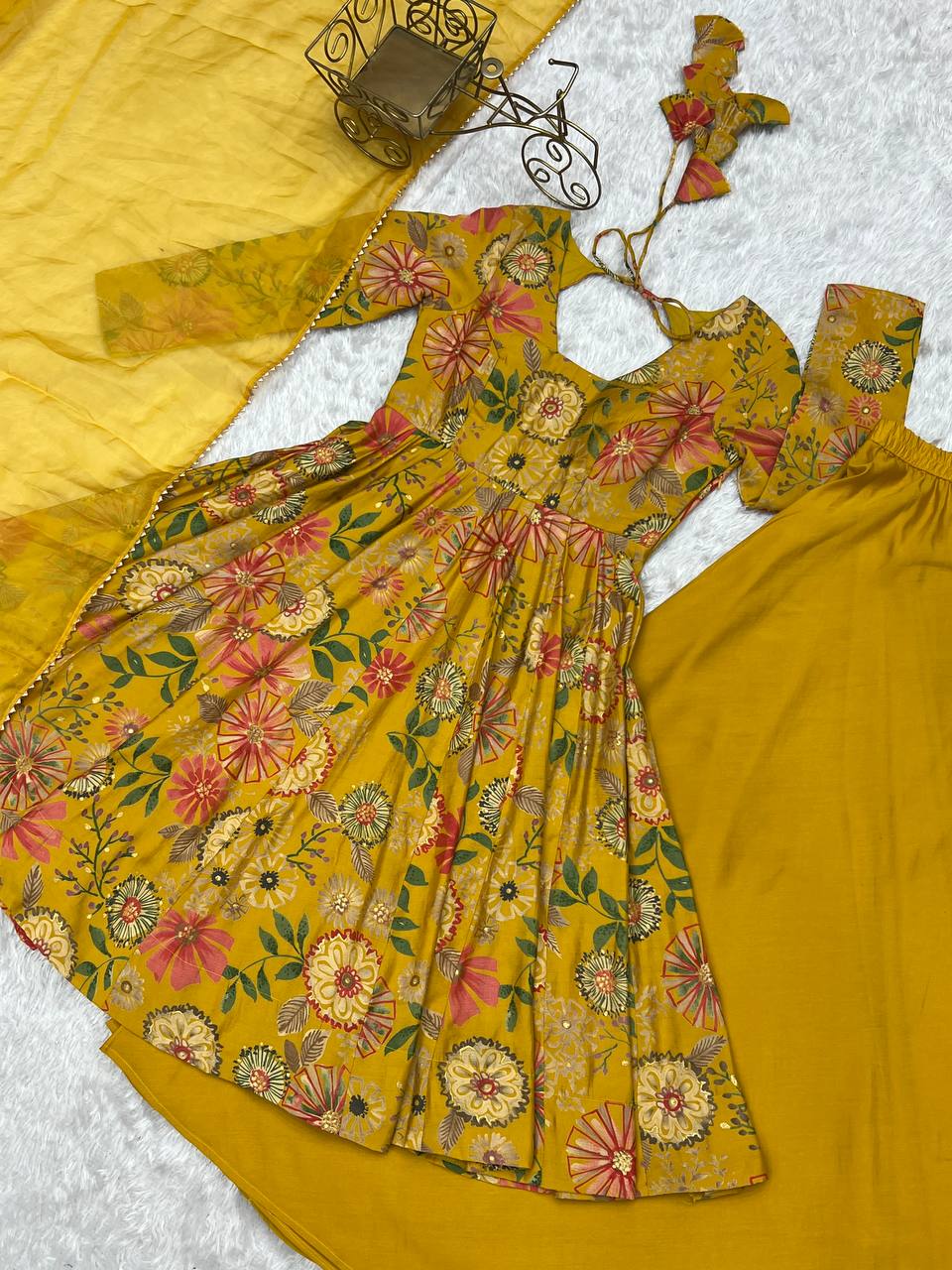 Yellow Chanderi Discharge Print Fabric Fancy Lace Work Palazzo Suit Set