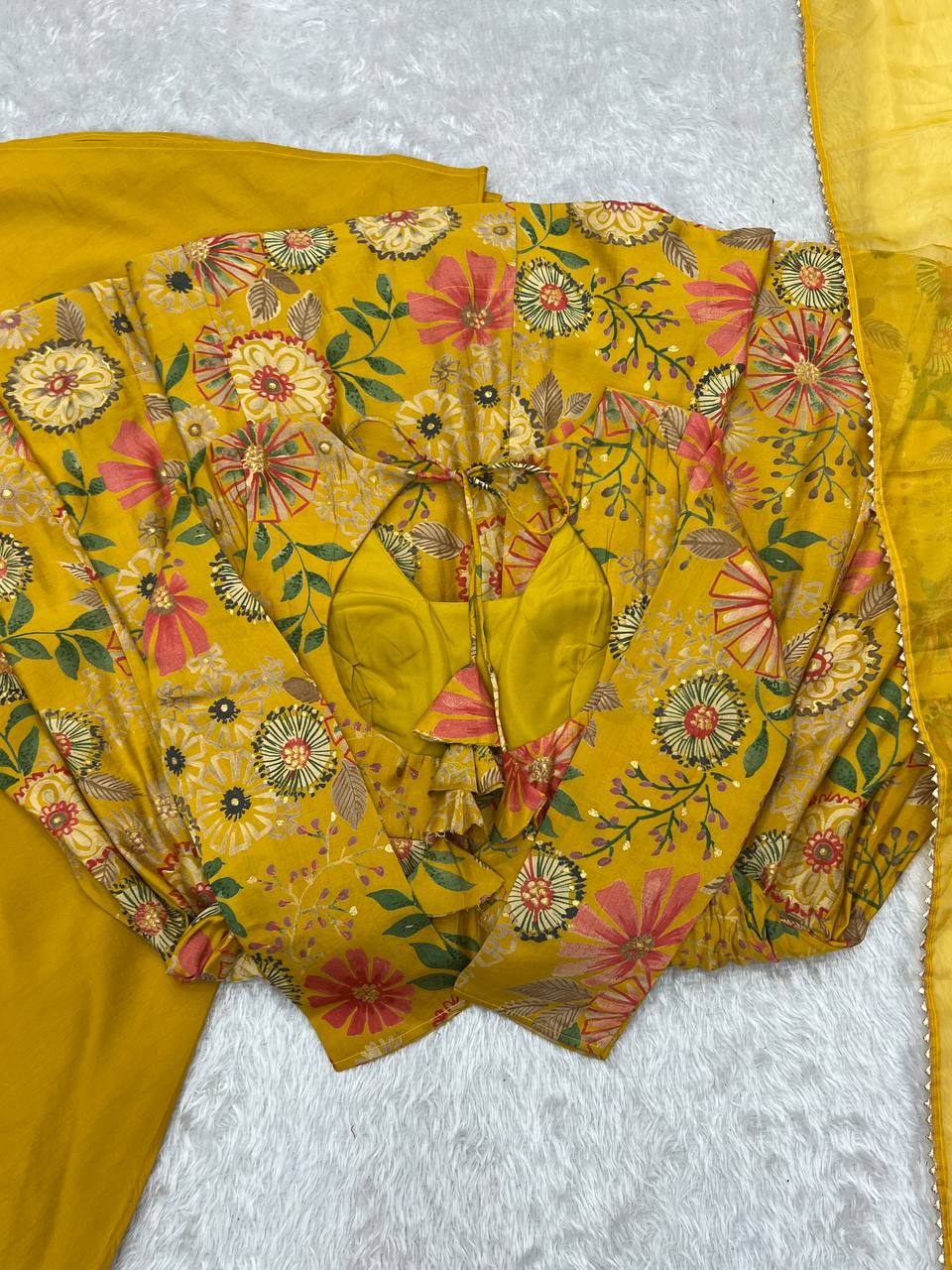 Yellow Chanderi Discharge Print Fabric Fancy Lace Work Palazzo Suit Set