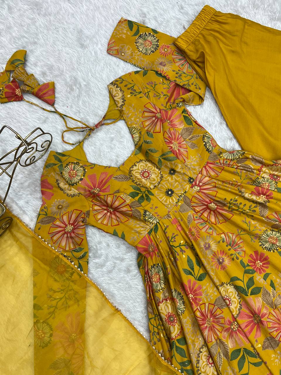 Yellow Chanderi Discharge Print Fabric Fancy Lace Work Palazzo Suit Set