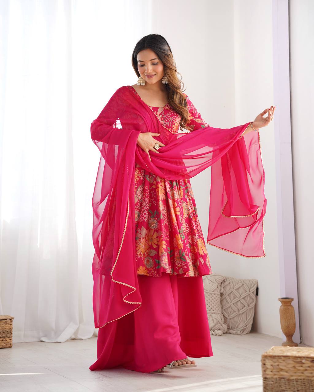 Pink Chanderi Discharge Print Fabric Fancy Lace Work Palazzo Suit Set