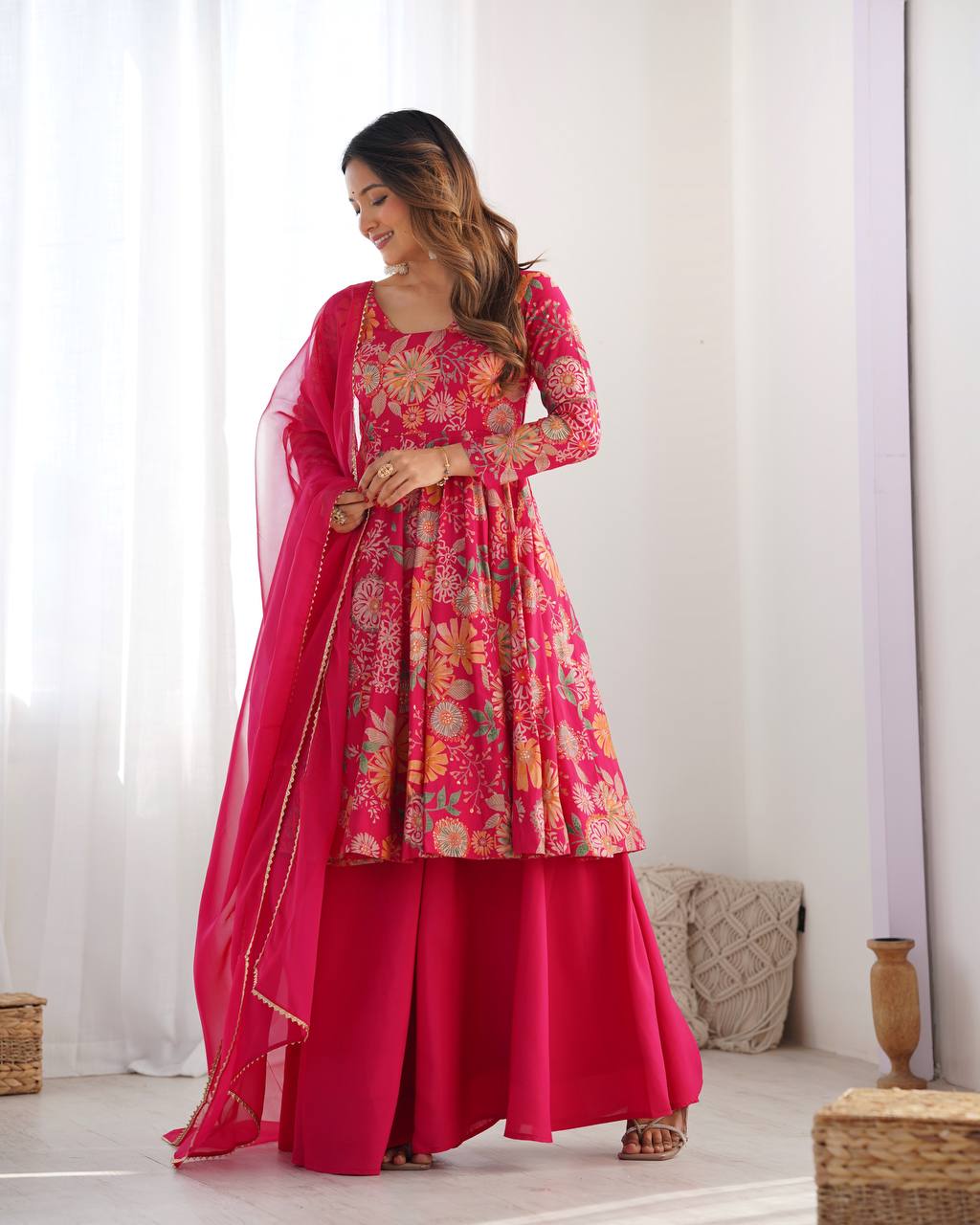 Pink Chanderi Discharge Print Fabric Fancy Lace Work Palazzo Suit Set