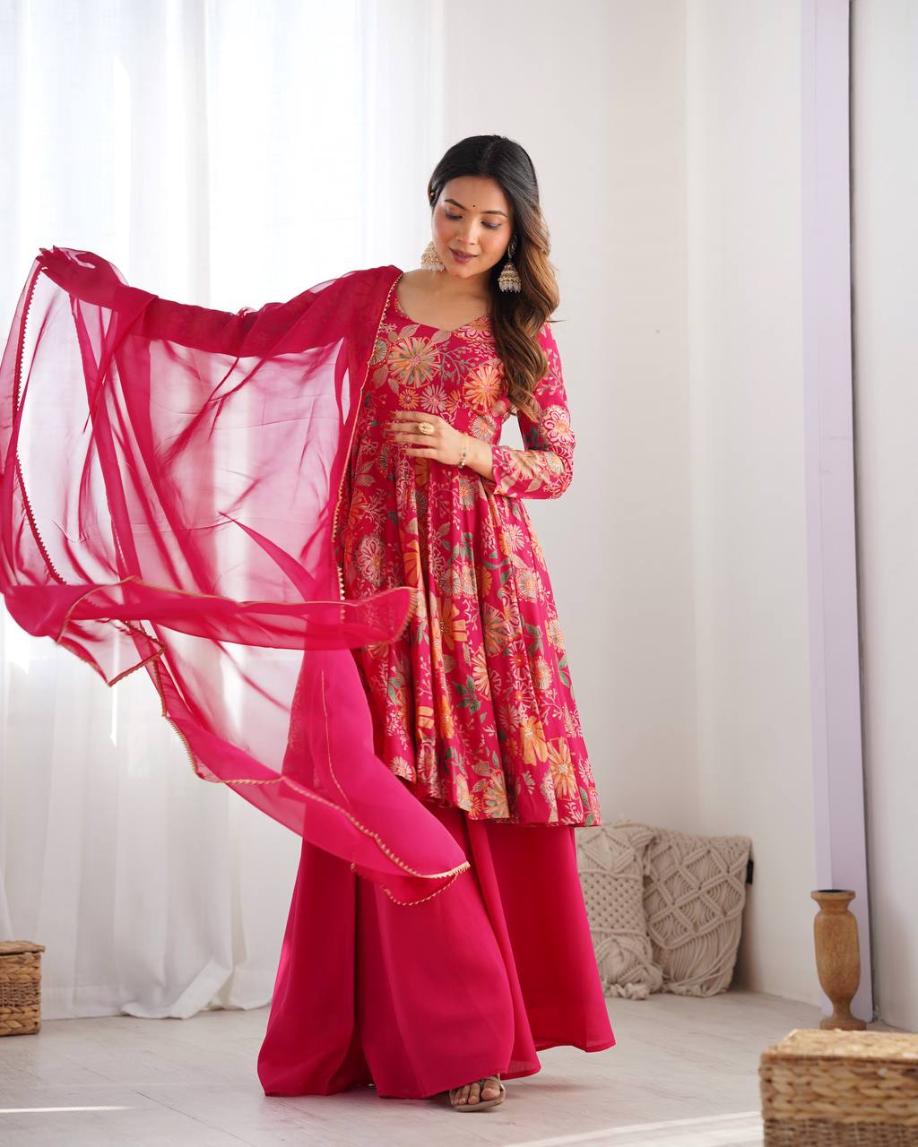 Pink Chanderi Discharge Print Fabric Fancy Lace Work Palazzo Suit Set