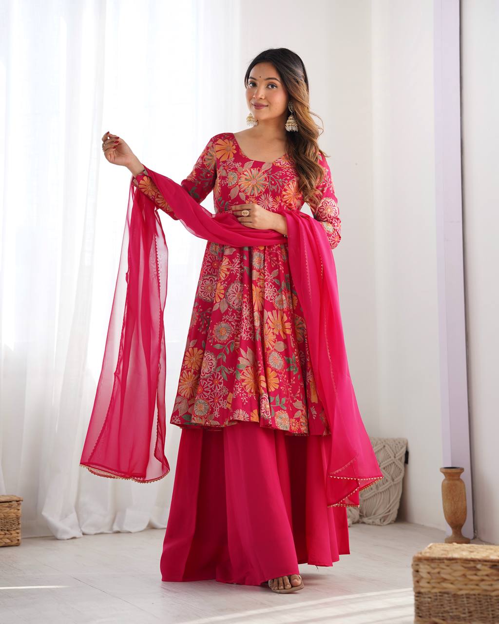 Pink Chanderi Discharge Print Fabric Fancy Lace Work Palazzo Suit Set