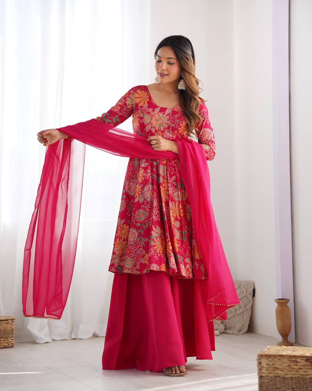 Pink Chanderi Discharge Print Fabric Fancy Lace Work Palazzo Suit Set