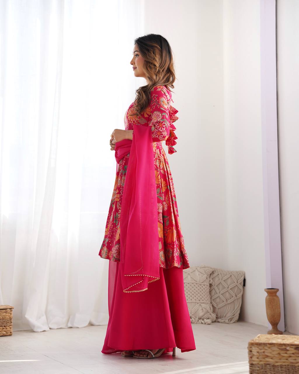 Pink Chanderi Discharge Print Fabric Fancy Lace Work Palazzo Suit Set