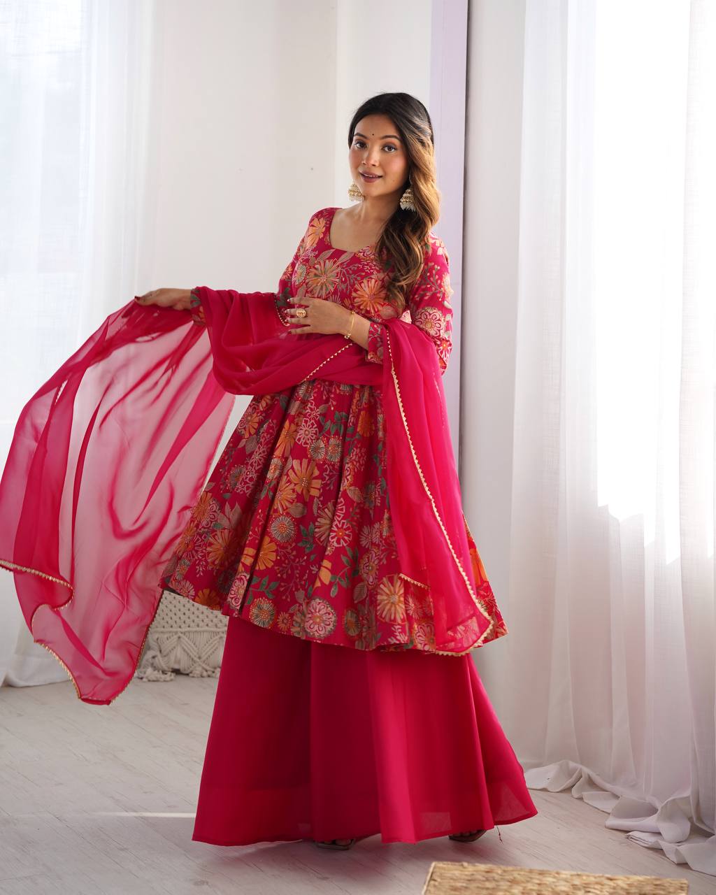 Pink Chanderi Discharge Print Fabric Fancy Lace Work Palazzo Suit Set