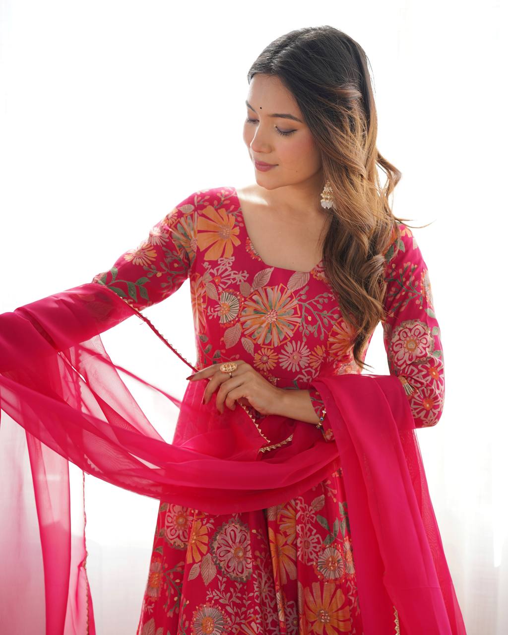 Pink Chanderi Discharge Print Fabric Fancy Lace Work Palazzo Suit Set