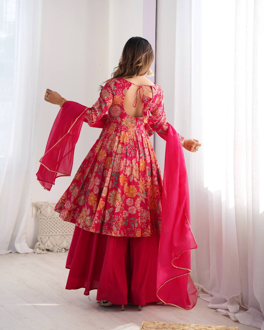 Pink Chanderi Discharge Print Fabric Fancy Lace Work Palazzo Suit Set
