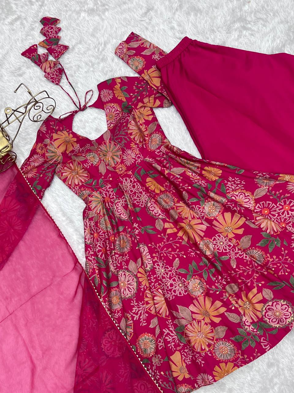 Pink Chanderi Discharge Print Fabric Fancy Lace Work Palazzo Suit Set
