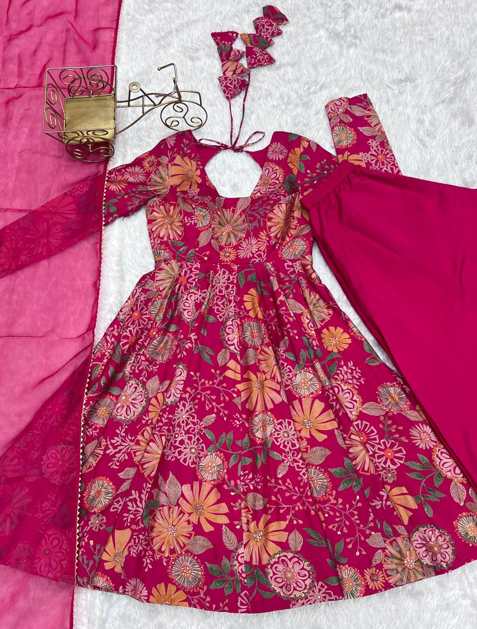 Pink Chanderi Discharge Print Fabric Fancy Lace Work Palazzo Suit Set