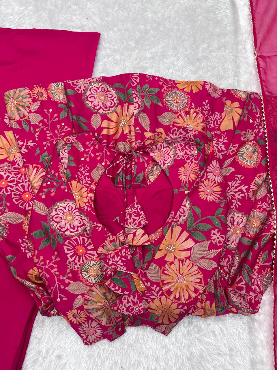 Pink Chanderi Discharge Print Fabric Fancy Lace Work Palazzo Suit Set