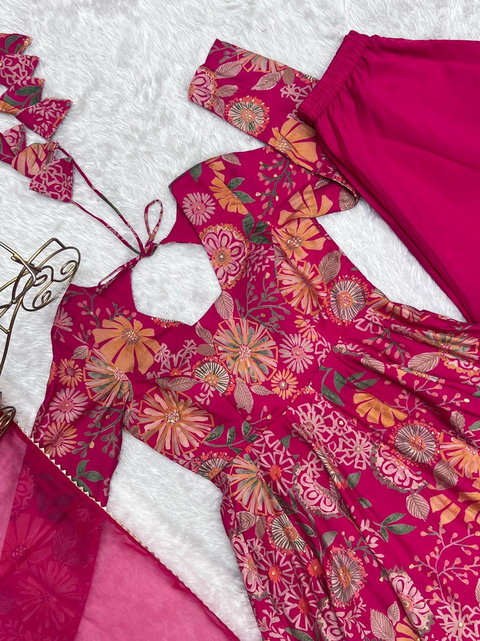 Pink Chanderi Discharge Print Fabric Fancy Lace Work Palazzo Suit Set