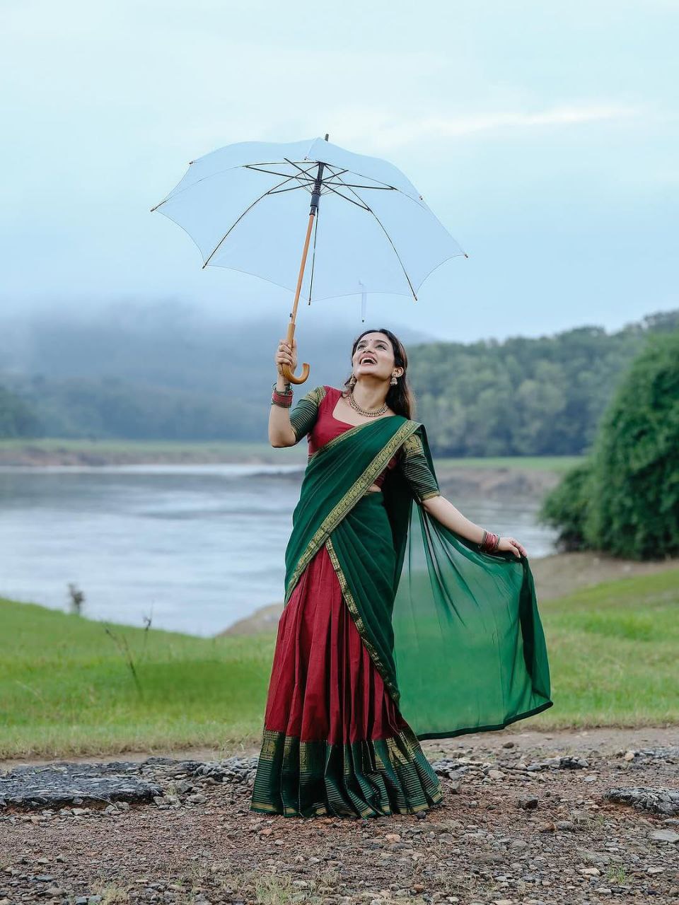 Maroon & Bottle Green Kanci Cotton Half Saree – Traditional Zari Weaving Langa Voni Set