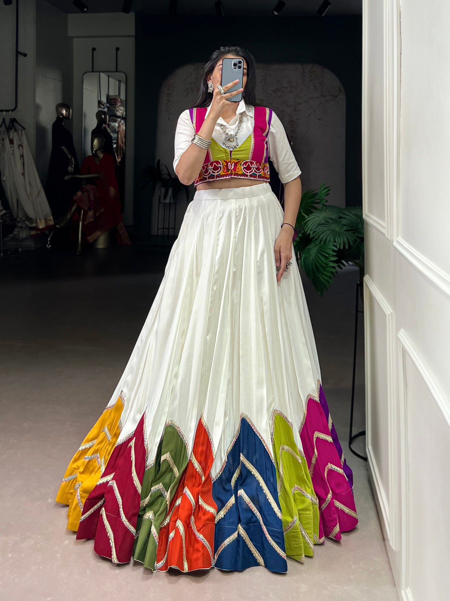 White Multicolor Rayon Gamthi Mirror Work Navratri Lehenga Choli