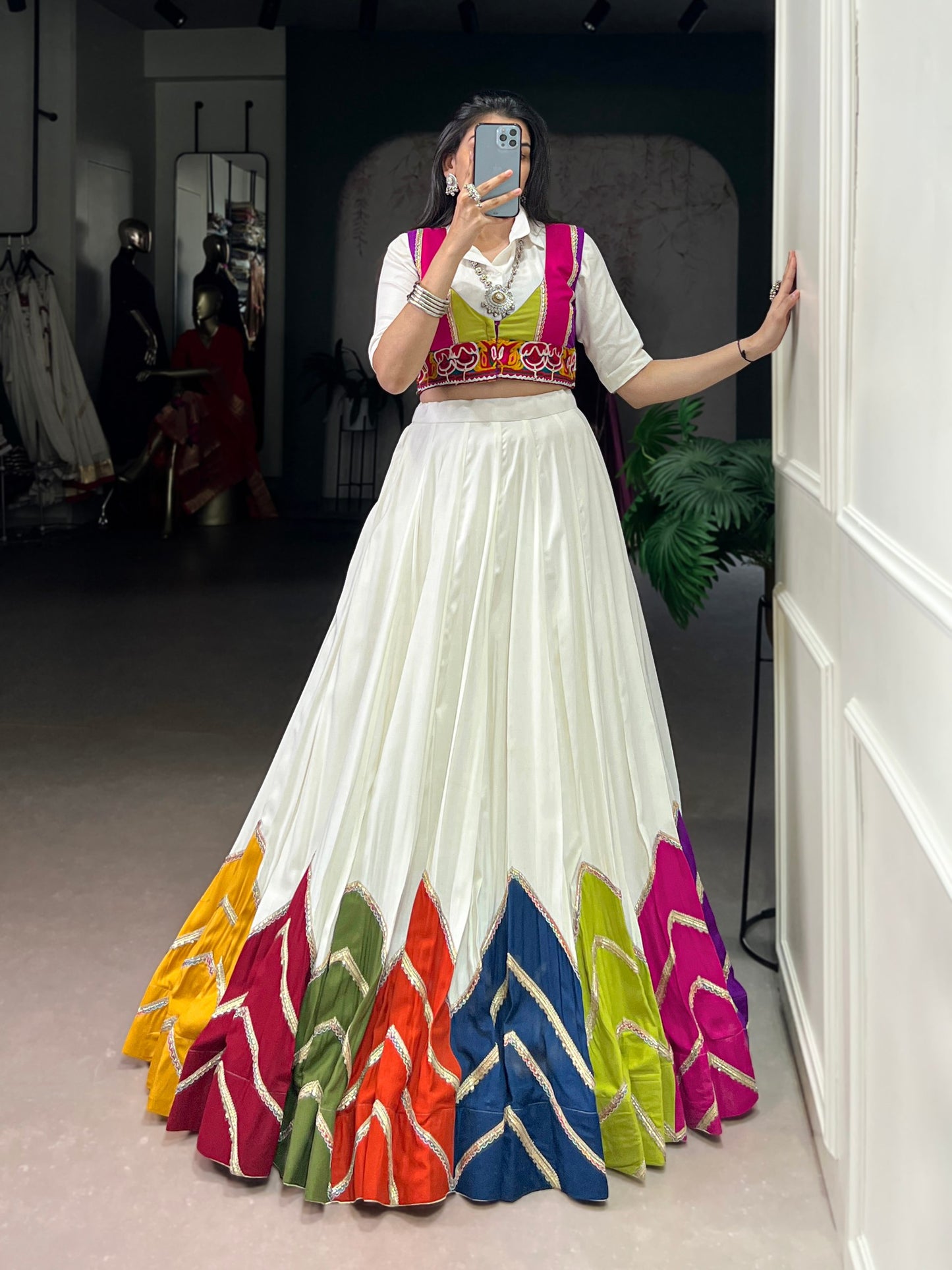 White Multicolor Rayon Gamthi Mirror Work Navratri Lehenga Choli