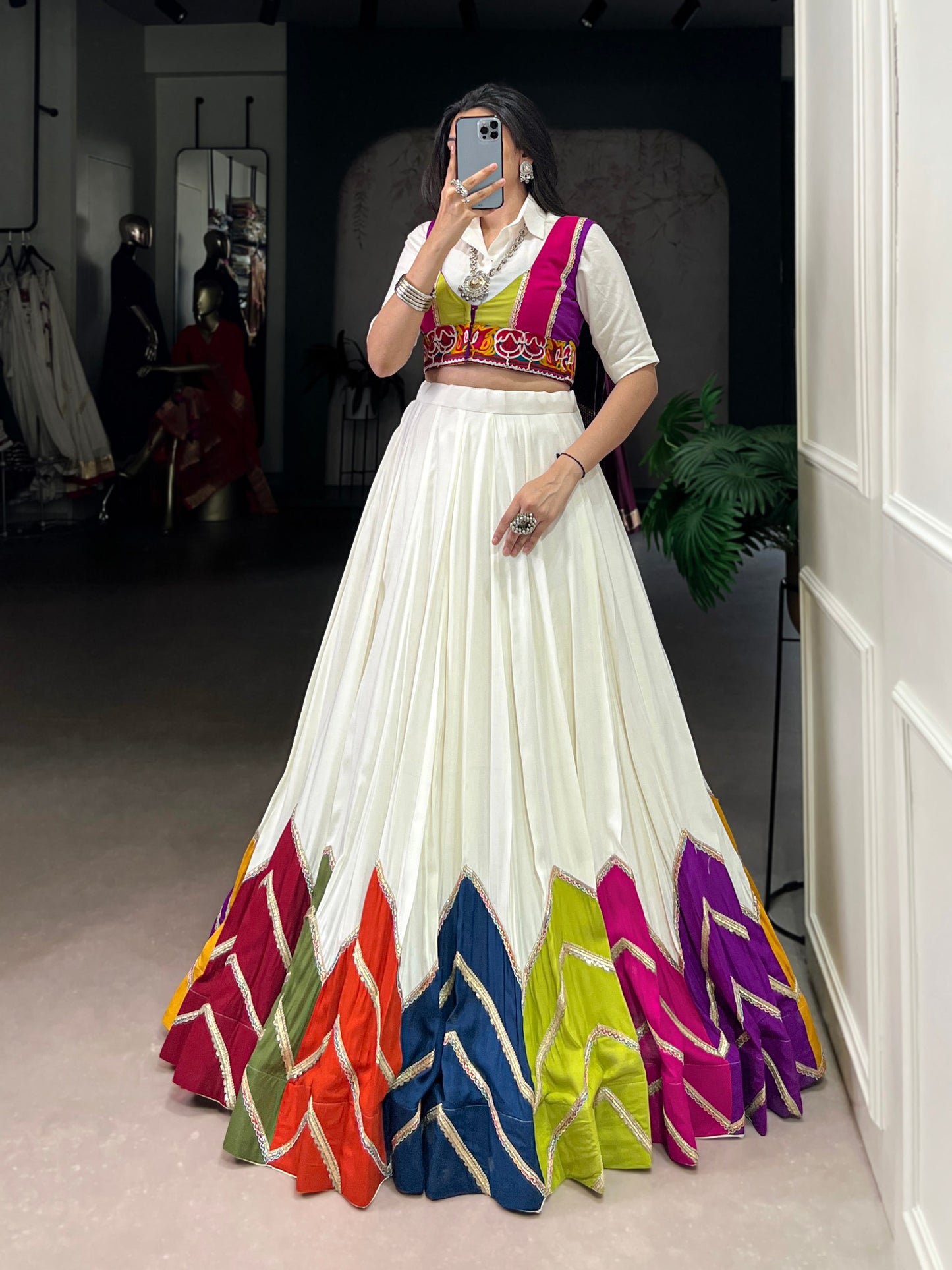 White Multicolor Rayon Gamthi Mirror Work Navratri Lehenga Choli