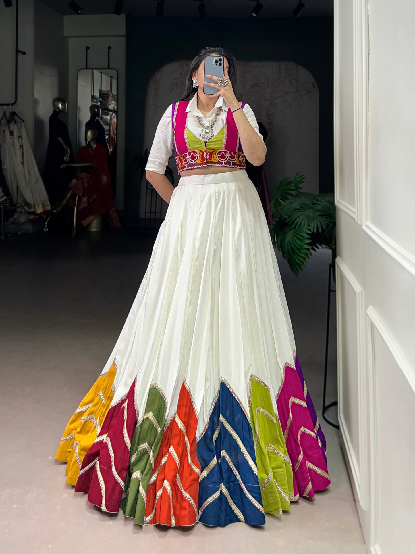 White Multicolor Rayon Gamthi Mirror Work Navratri Lehenga Choli
