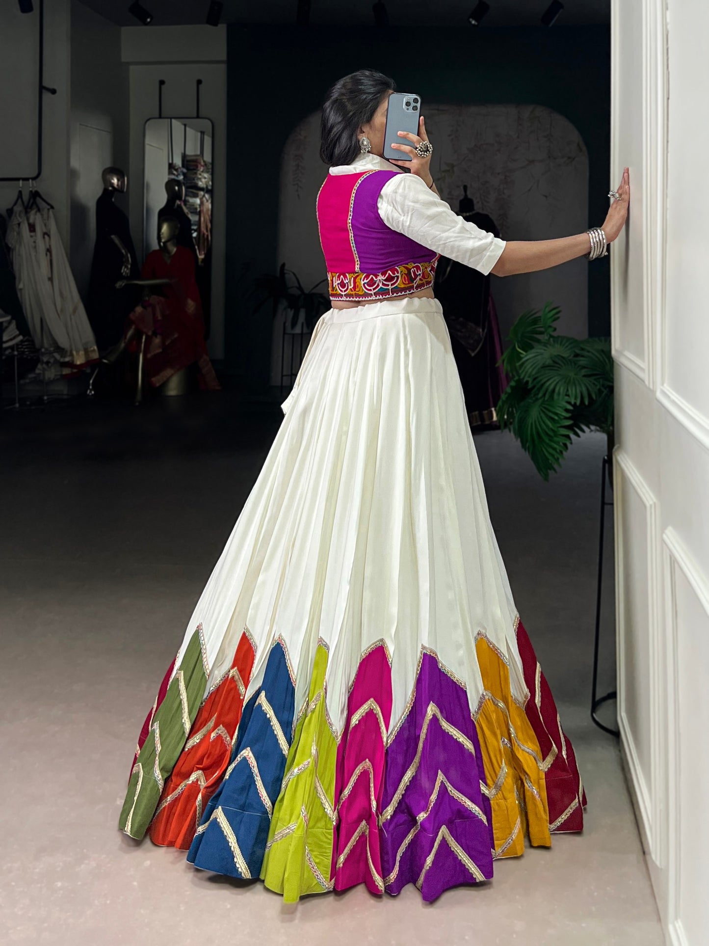 White Multicolor Rayon Gamthi Mirror Work Navratri Lehenga Choli