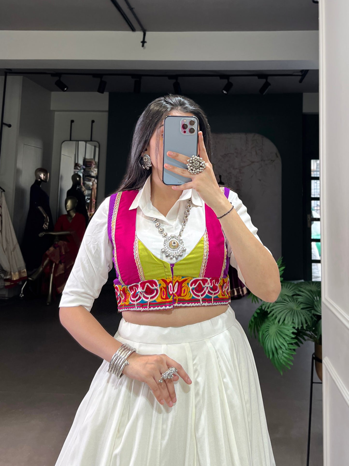 White Multicolor Rayon Gamthi Mirror Work Navratri Lehenga Choli