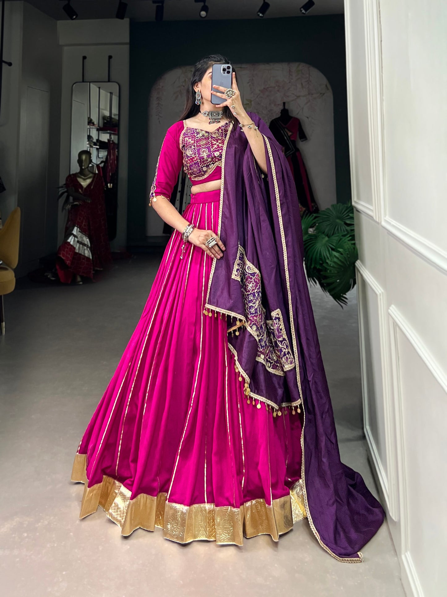Pink Chanderi Embossed Design Work Navratri Lehenga Choli