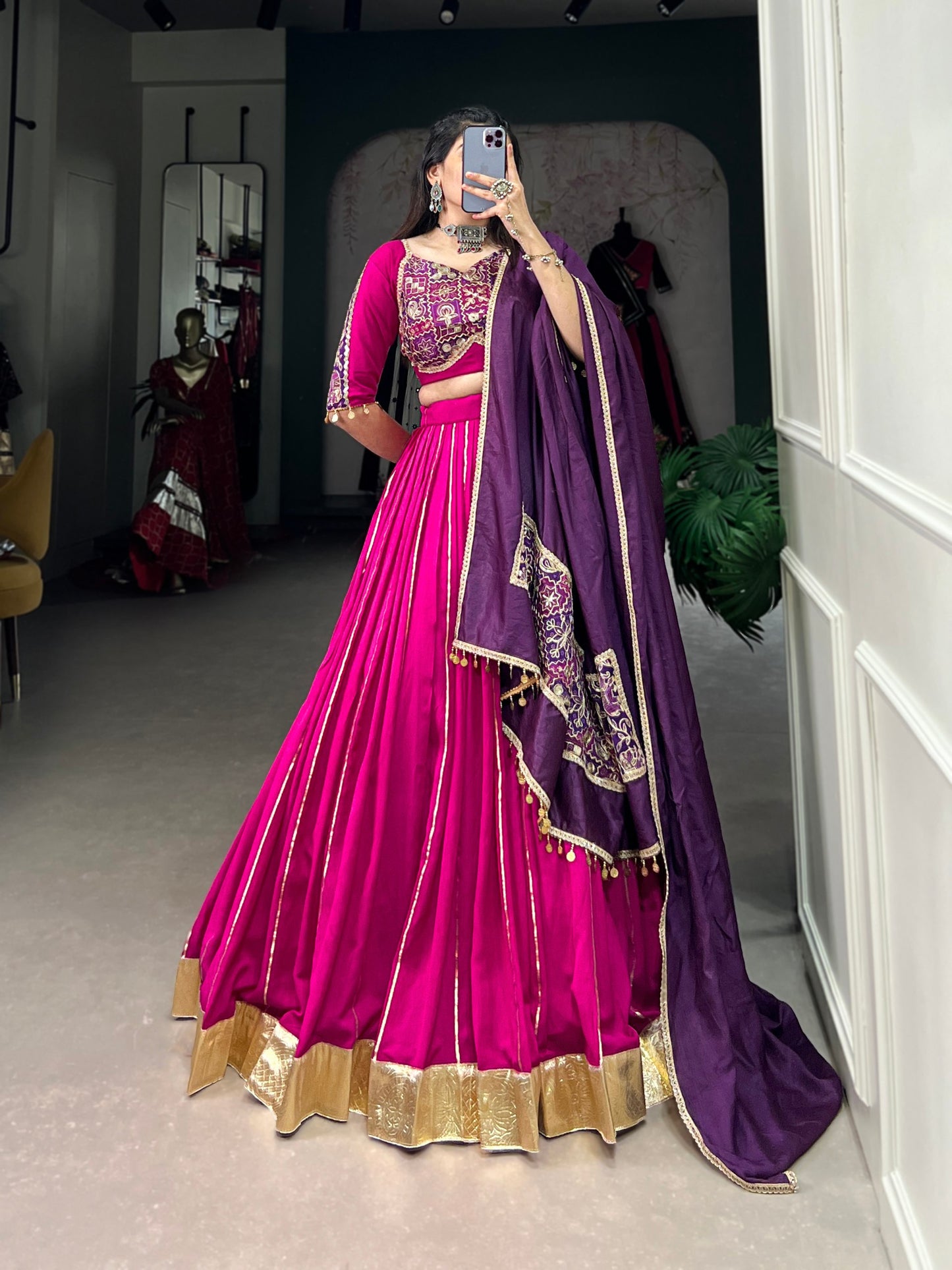 Pink Chanderi Embossed Design Work Navratri Lehenga Choli