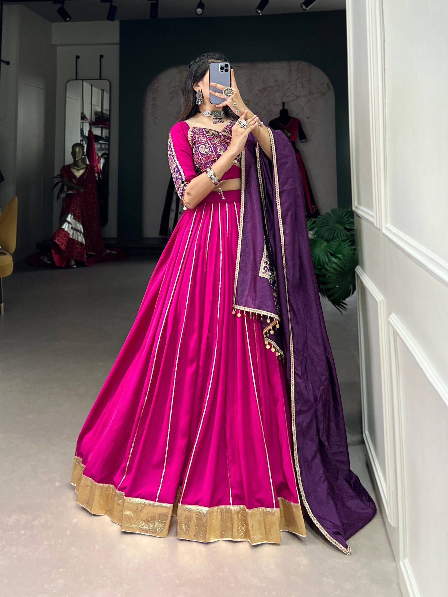 Pink Chanderi Embossed Design Work Navratri Lehenga Choli