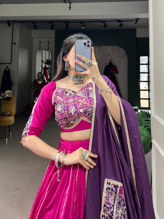 Pink Chanderi Embossed Design Work Navratri Lehenga Choli