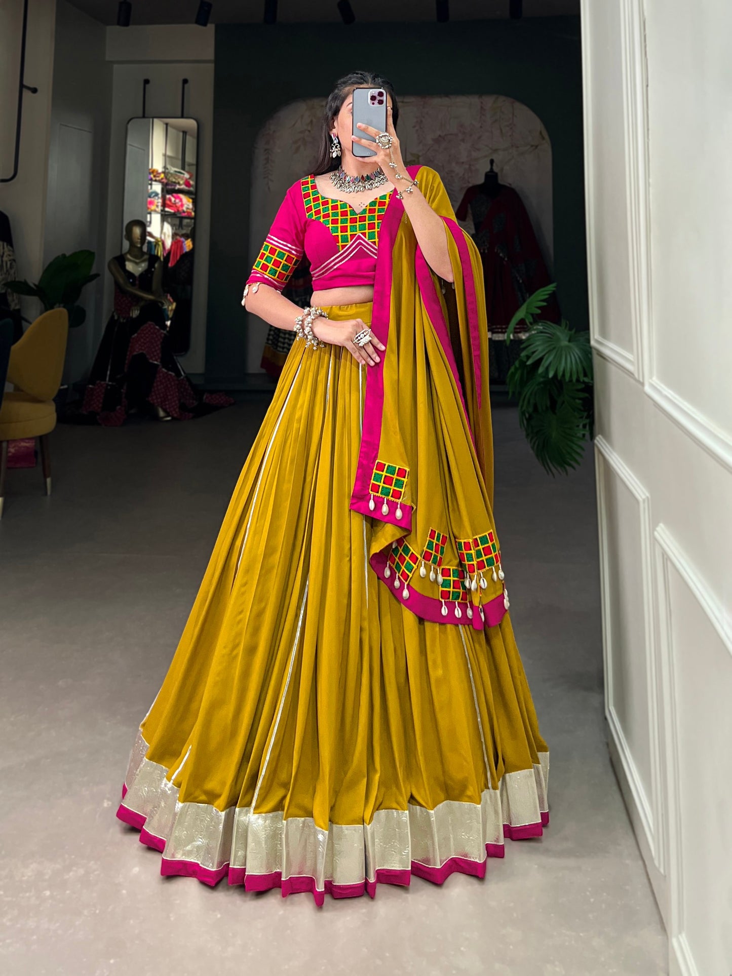 Musterd Pure Rayon Gamthi Work Navratri Lehenga Choli