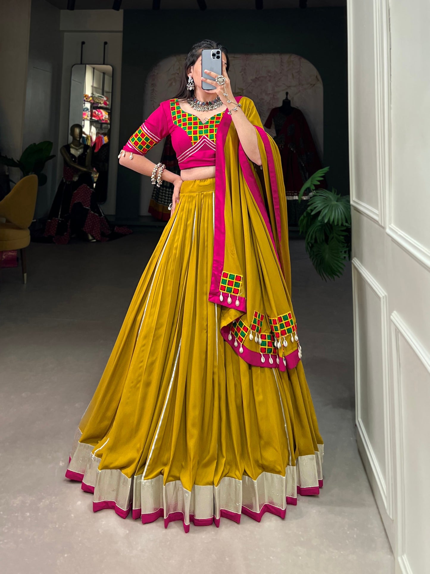 Musterd Pure Rayon Gamthi Work Navratri Lehenga Choli
