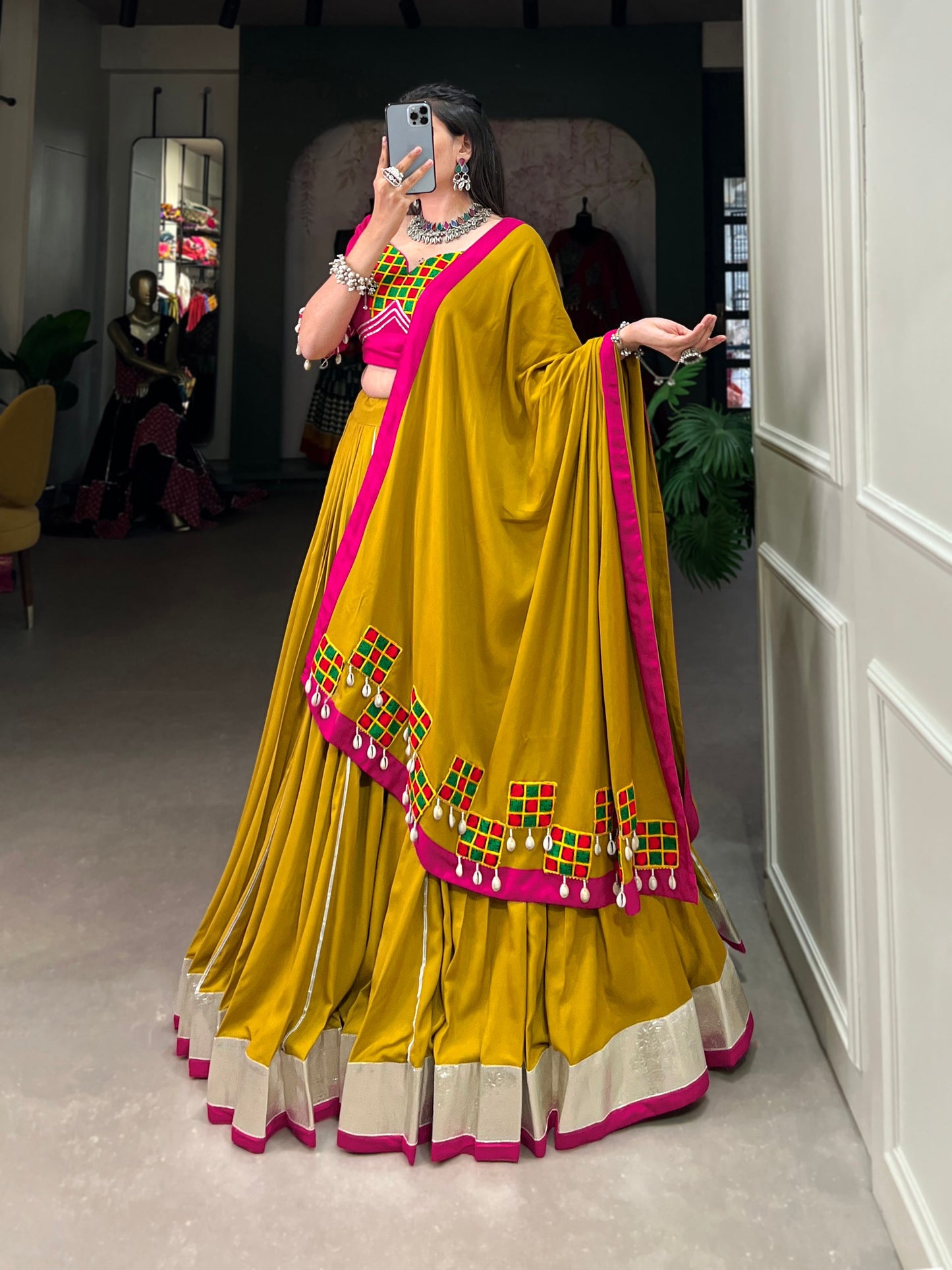 Musterd Pure Rayon Gamthi Work Navratri Lehenga Choli