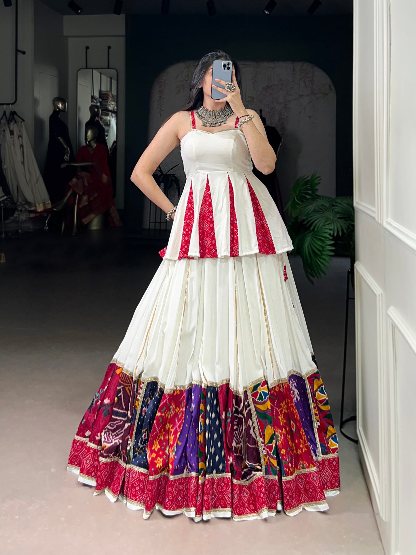 White Multicolor Pure Rayon Gamthi Work Navratri Lehenga Choli
